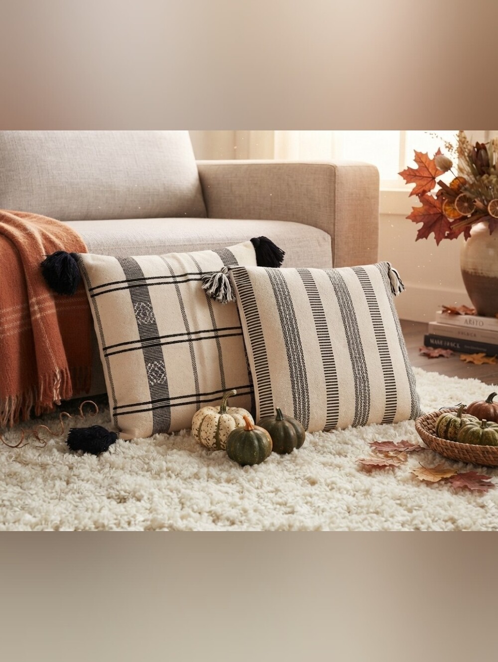 Set of 2 Boho Neutral Throw Pillow Covers 16x16 & 18x18 Plaid Stripe/tassels